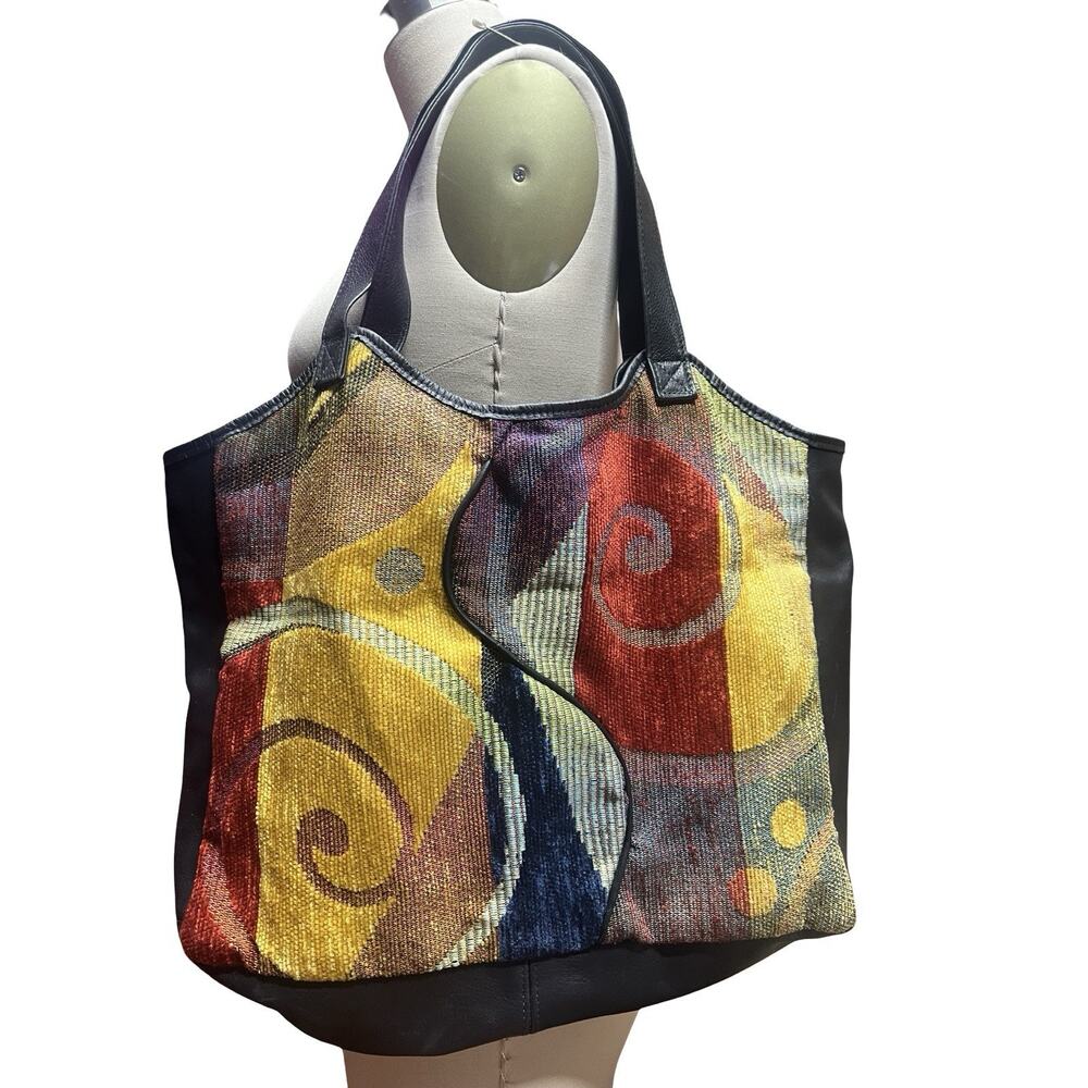 ERDA Handmade in Maine Artsy Leather & Tapestry Tote Bag Purse Colorful OOAK